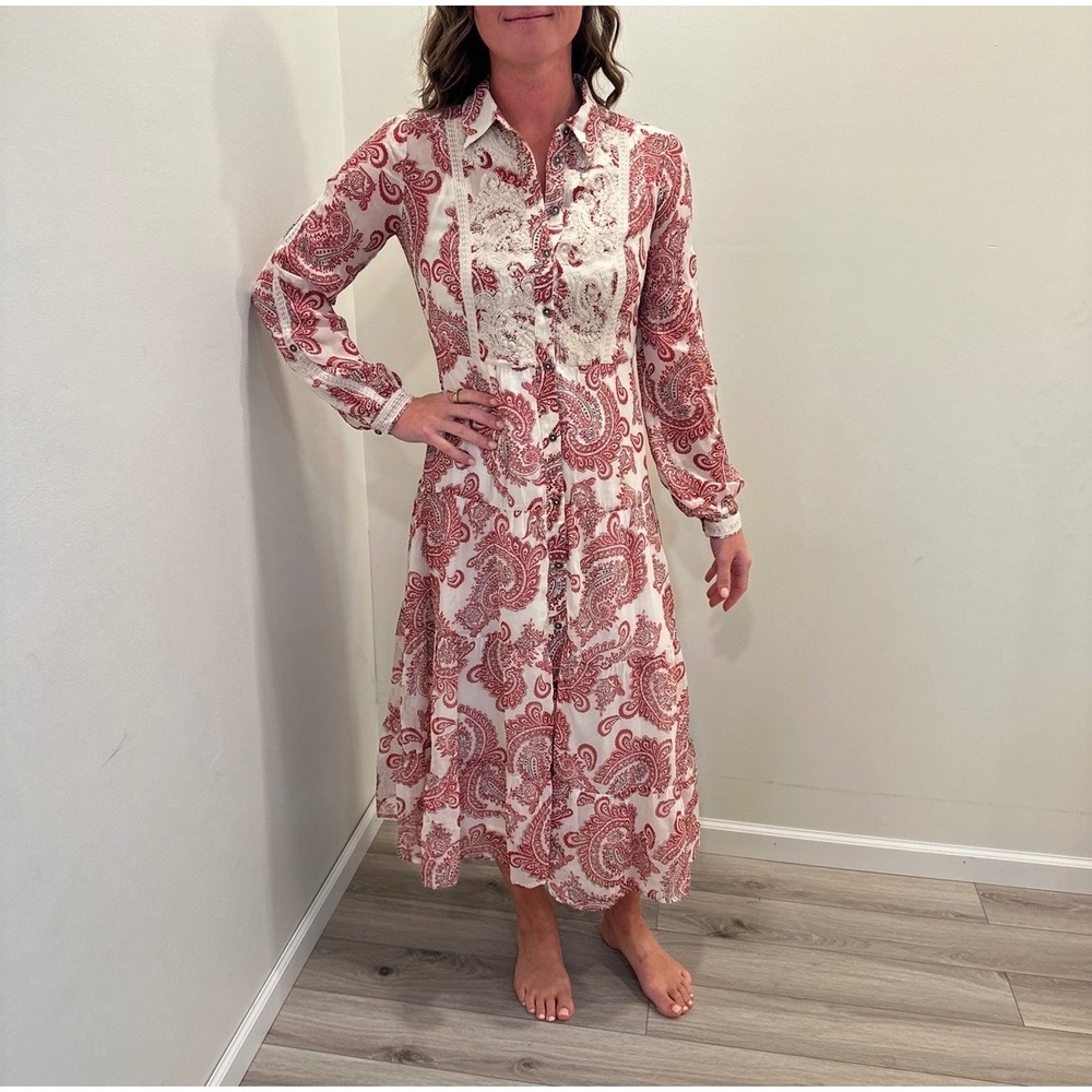 Anthropologie Red Paisley Lace Trim Button Front Midi Dress XS